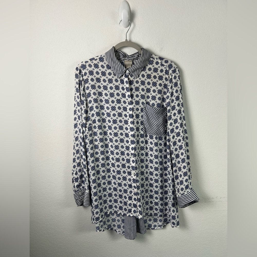 Chico’s Blue & White Floral Striped Tunic Work Vacation Blouse